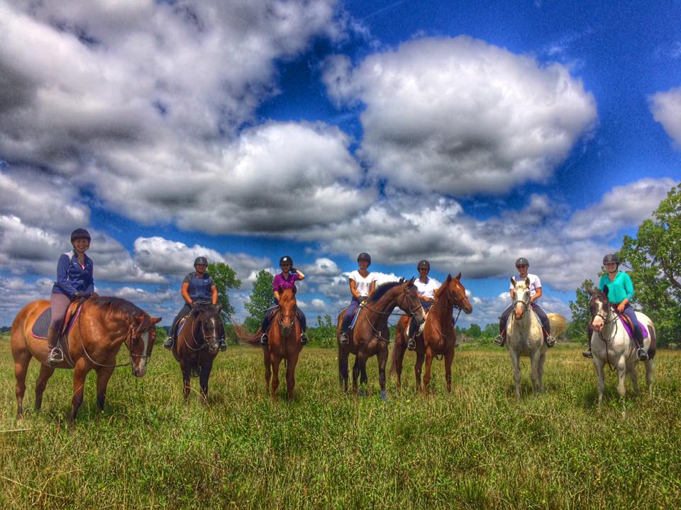 Group of riders in a field.